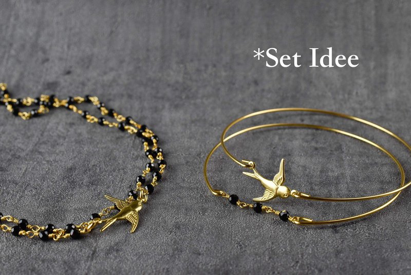 Onyx Swallow Gold Bangle Set - Gold Plated Black Gemstone Rondelles Animal Bird Swallow Jewelry Set - RETARM-38