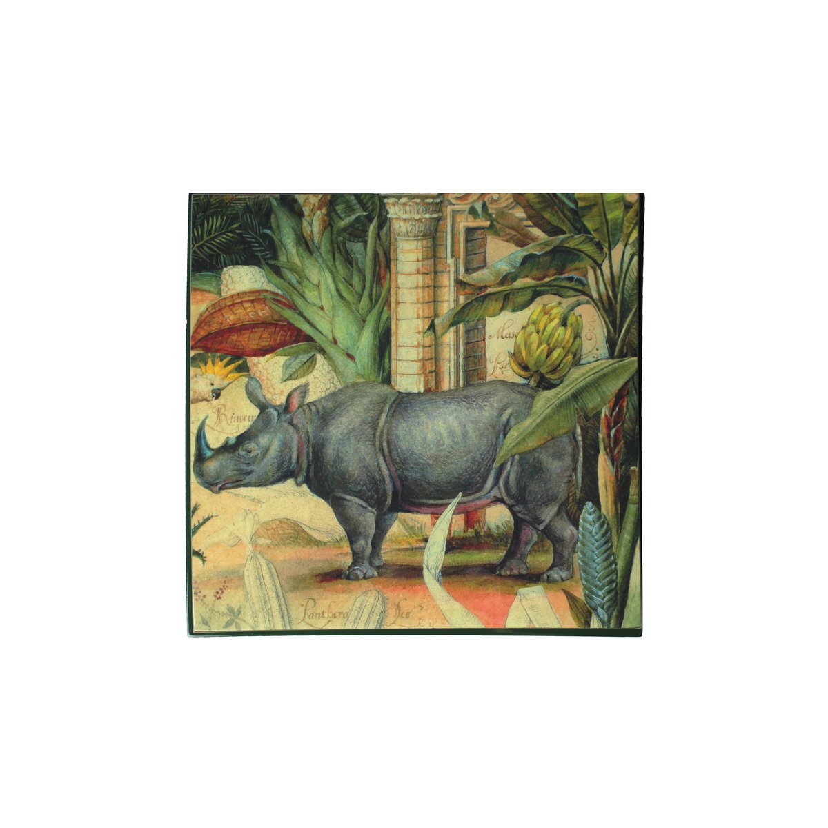 Box rhino palm trees antique painting square green