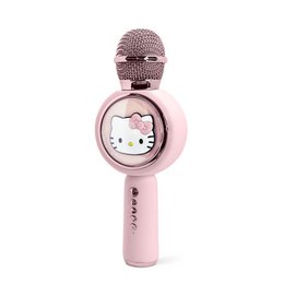  A wireless karaoke microphone with a Hello Kitty design and LED lights. The microphone is pink in color and appears to be a Bluetooth-enabled device for singing and recording.