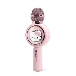 A wireless karaoke microphone with a Hello Kitty design and LED lights. The microphone is pink in color and appears to be a Bluetooth-enabled device for singing and recording.