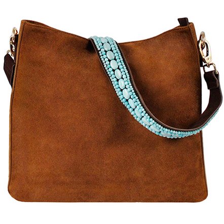 BOHO IBIZA BAG - Tracolla acquamarina (70cm) + Borsa in pelle scamosciata (Cognac)