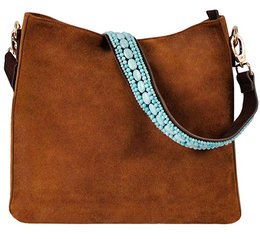 Cognac-colored suede shoulder bag with aquamarine-colored strap featuring beaded detailing.