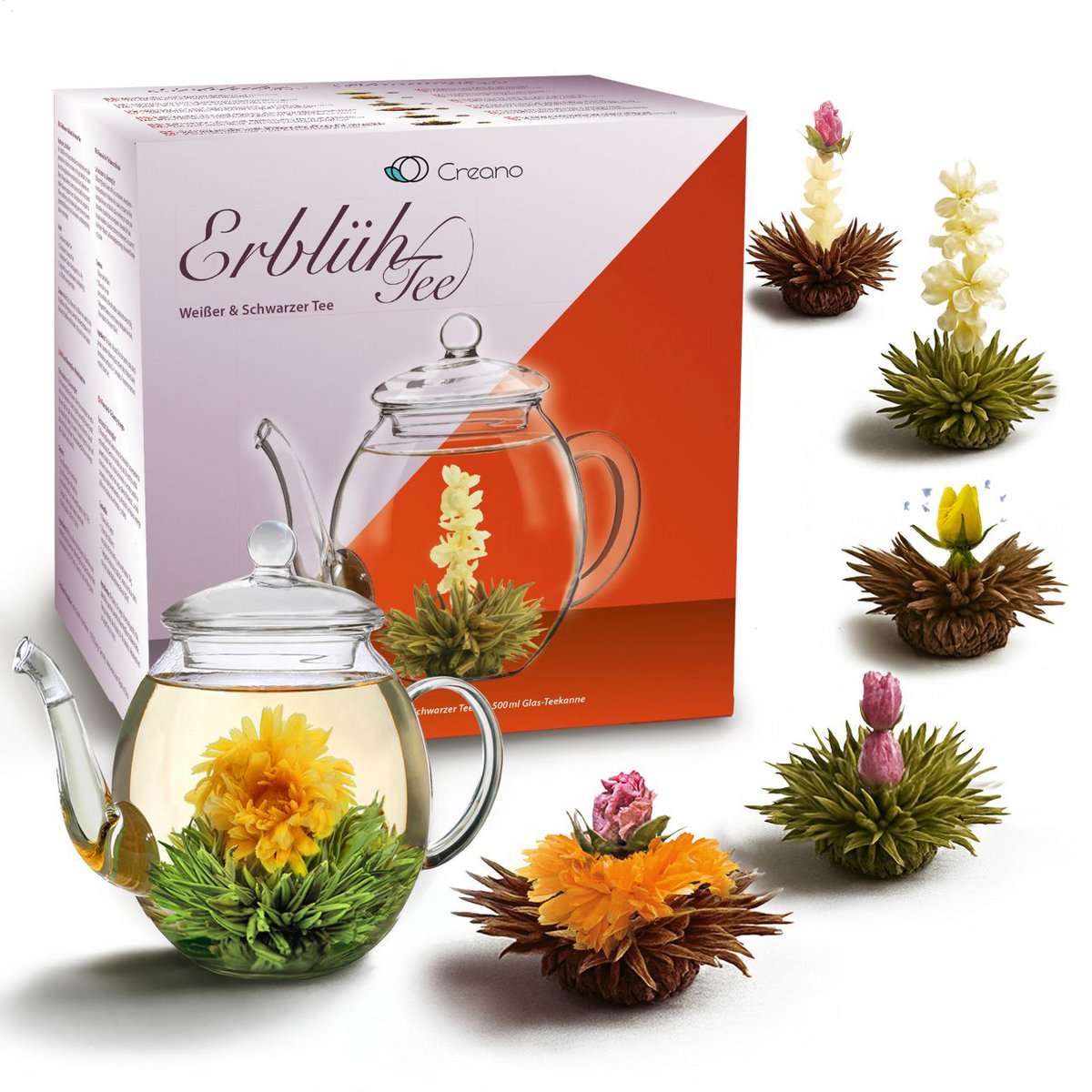 Creano theebloemenmix cadeauset glazen pot 6 theebollen