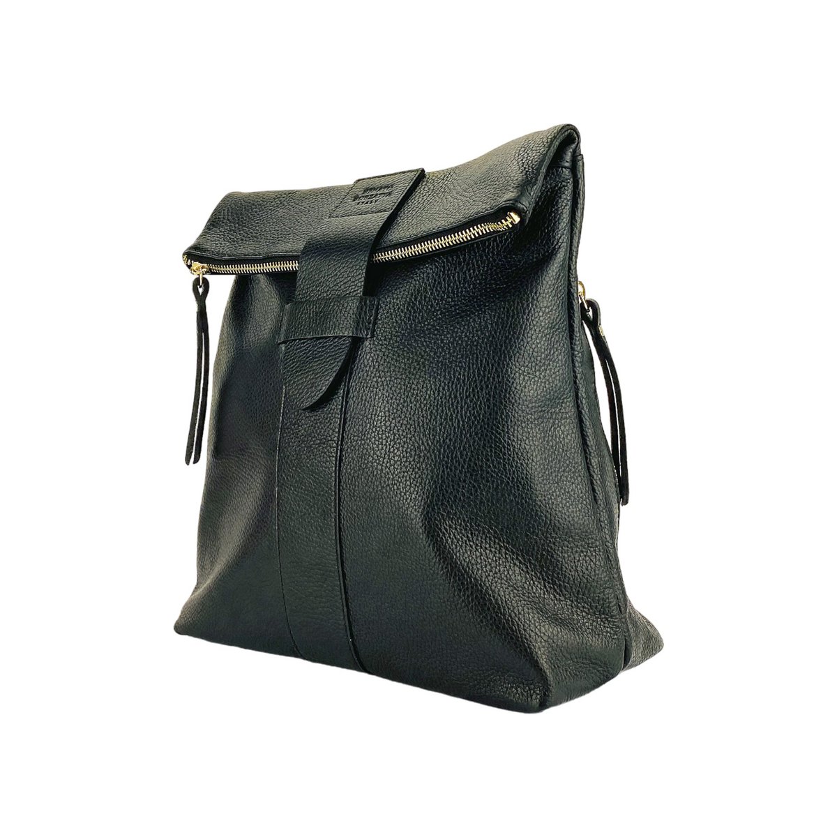 RB1021A | Sac à dos souple pour femme en cuir véritable fabriqué en Italie avec bretelles réglables. Fermeture éclair et accessoires en métal doré brillant - Coloris Noir - Dimensions : 30 x 34 x 10,5 cm