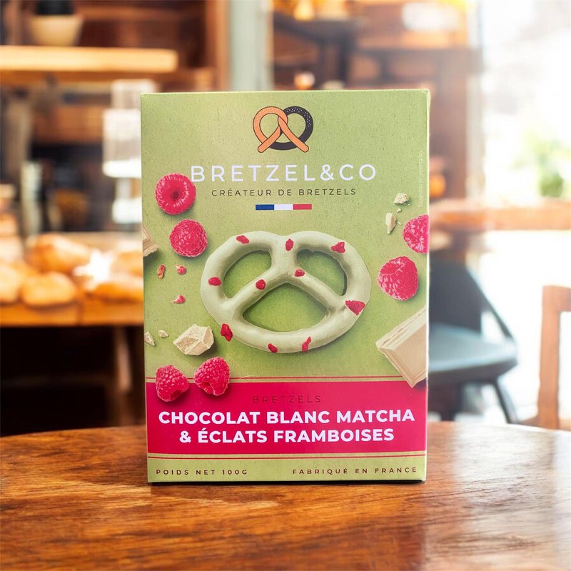 Matcha white chocolate pretzel - raspberry pieces