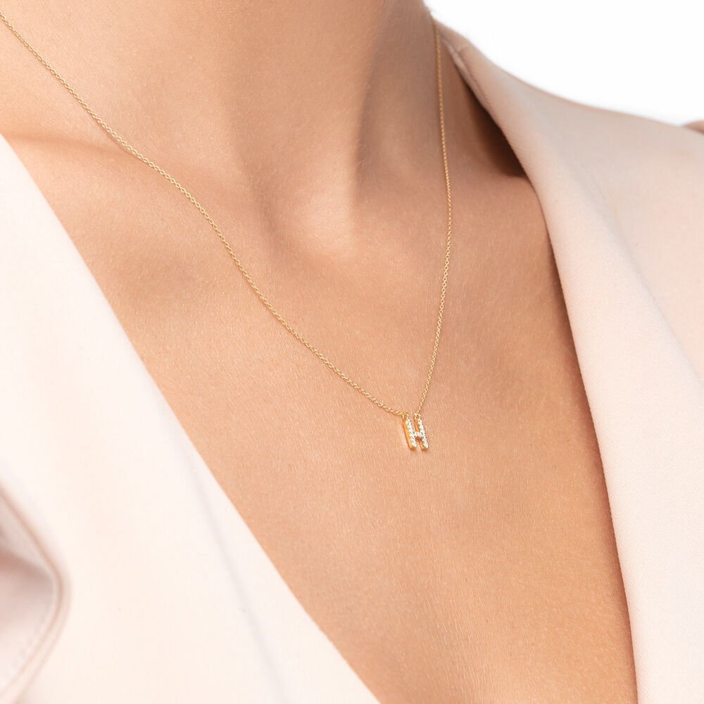 Collier Lettre "H", or jaune 14K avec diamants