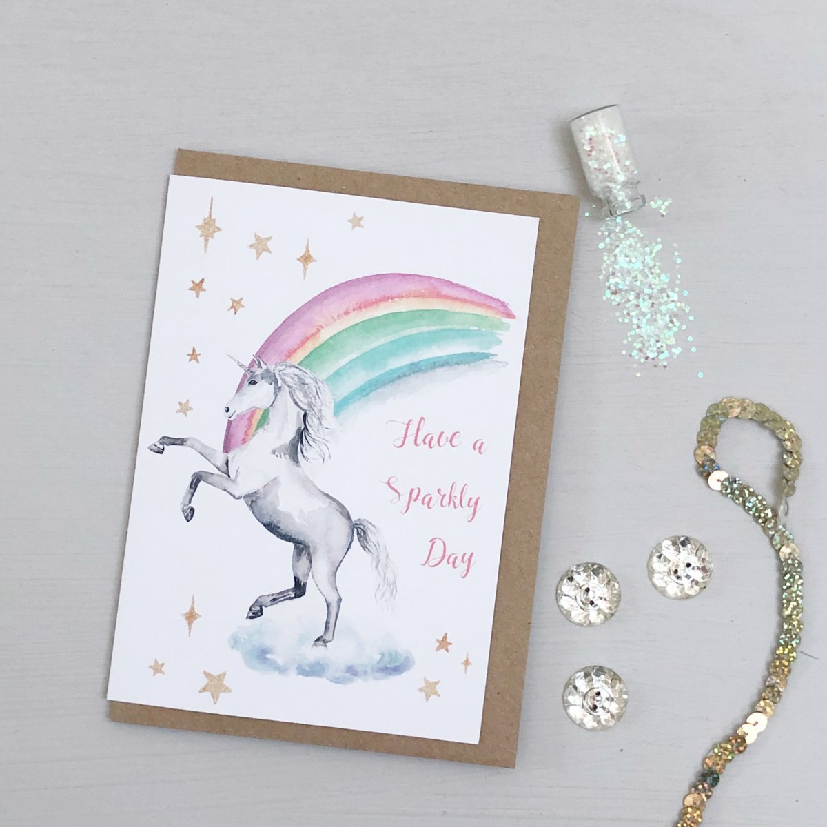 Handgemalte Grußkarte des Einhornregenbogens