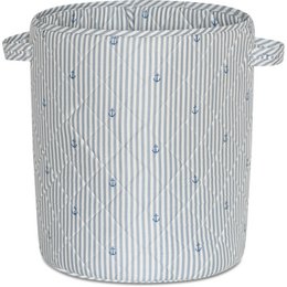  Large striped storage basket with anchor pattern

The image shows a large padded storage basket with a striped pattern in shades of blue and white. The basket has an anchor pattern printed on the fabric, adding a nautical touch to the design. This storage basket would be suitable for organizing and storing items in a coastal or nautical-themed room.