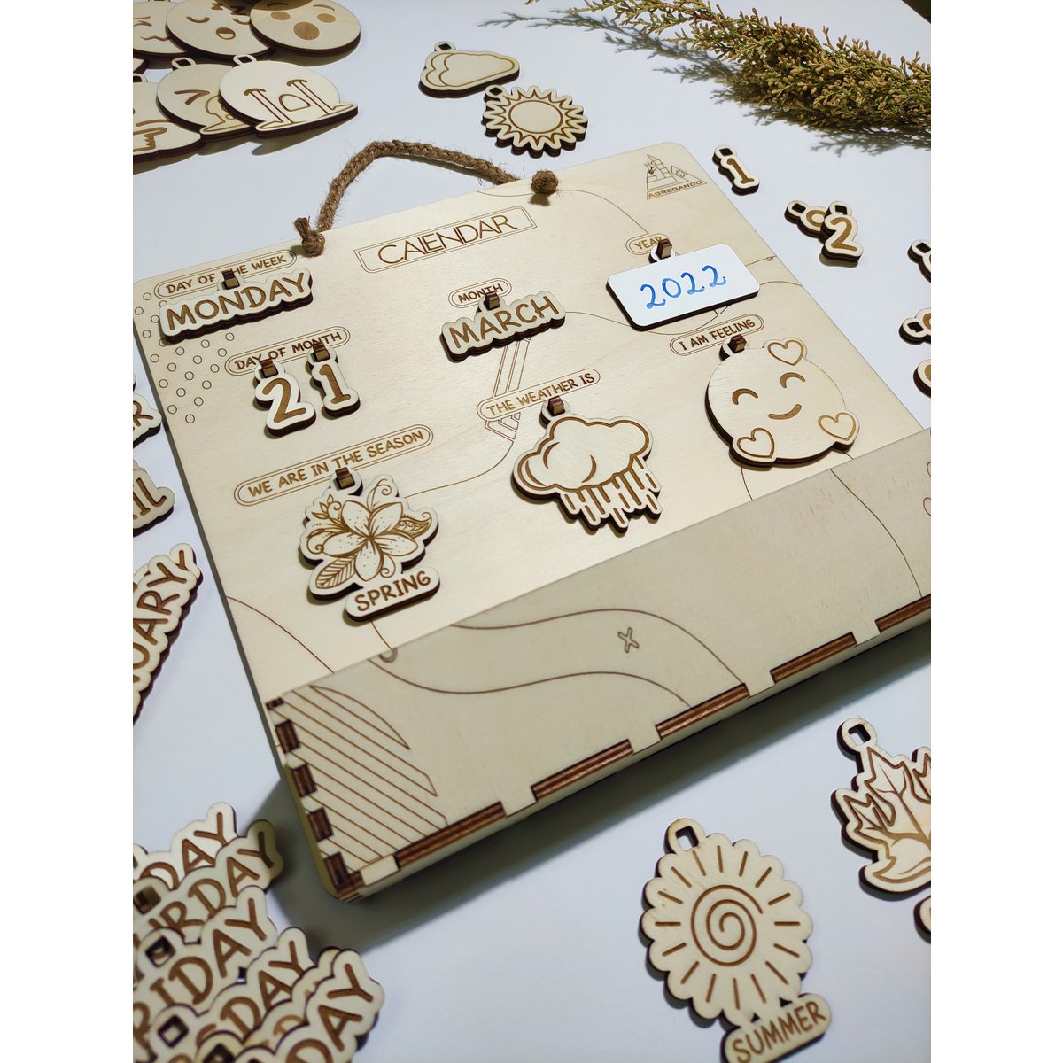 Calendario perpetuo de madera, rastreador de tiempo y clima, regalo Montessori para niños