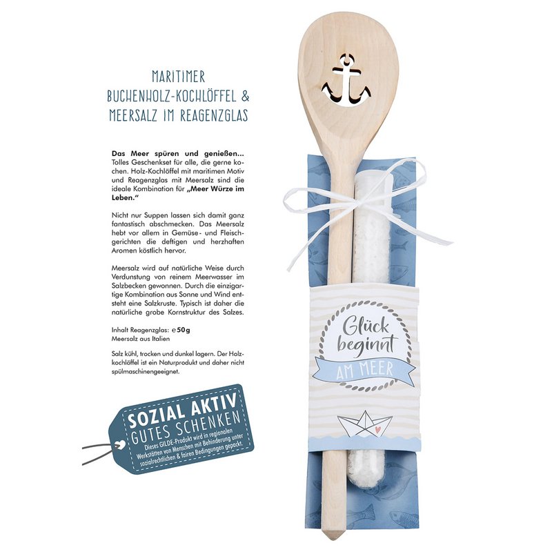 Kochlöffel, "Glück beginnt am Meer", Ankermotiv, Spruch, Holz, naturfarben, VE 6, B. 31 cm, H. 2 cm