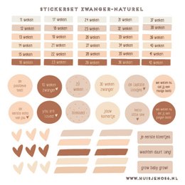 Stickers featuring a natural, pregnant design in neutral tones. Includes various shapes, patterns, and text elements that can be used for scrapbooking, journaling, or other craft projects.