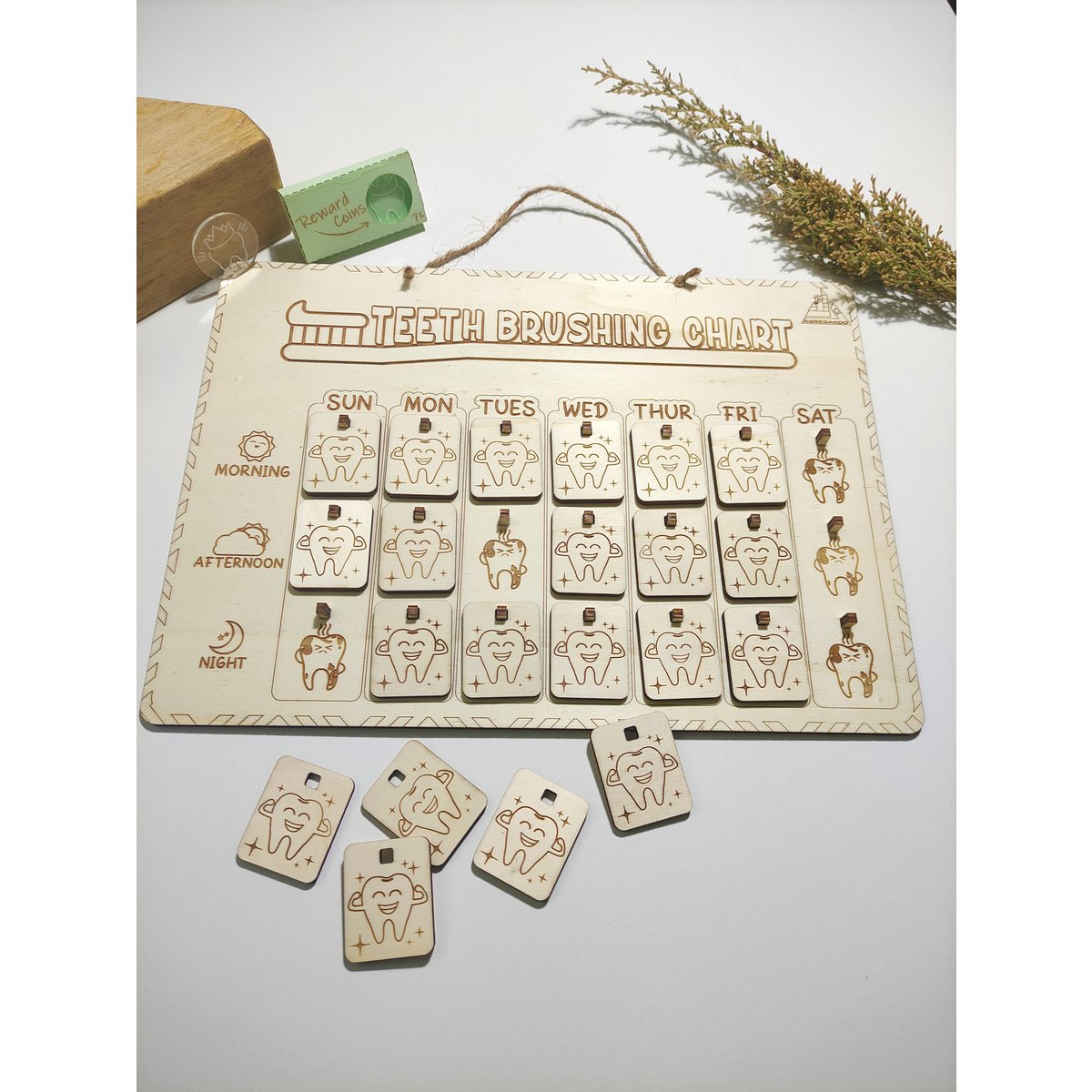 Houten tanden poetsbeurt, houten tandenborstel tracker, wekelijkse routine checklist