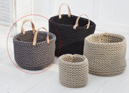 Knitting basket with leather handle - 30cm x 30cm x 30cm - round