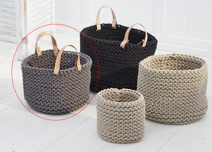 Strickkorb mit Lederhenkel - 30cm x 30cm x 30cm - rund
