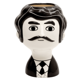'Vase Carlos b/w - A black and white ceramic vase with a stylized face design. The vase has a simple, modern shape and a bold, graphic pattern.'