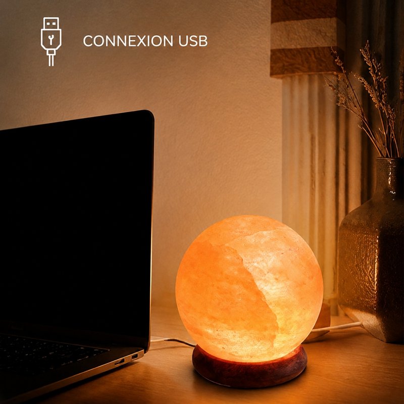 USB-lamp van Himalayazoutkristal – bol van 500 g – houten voet – decoratief object