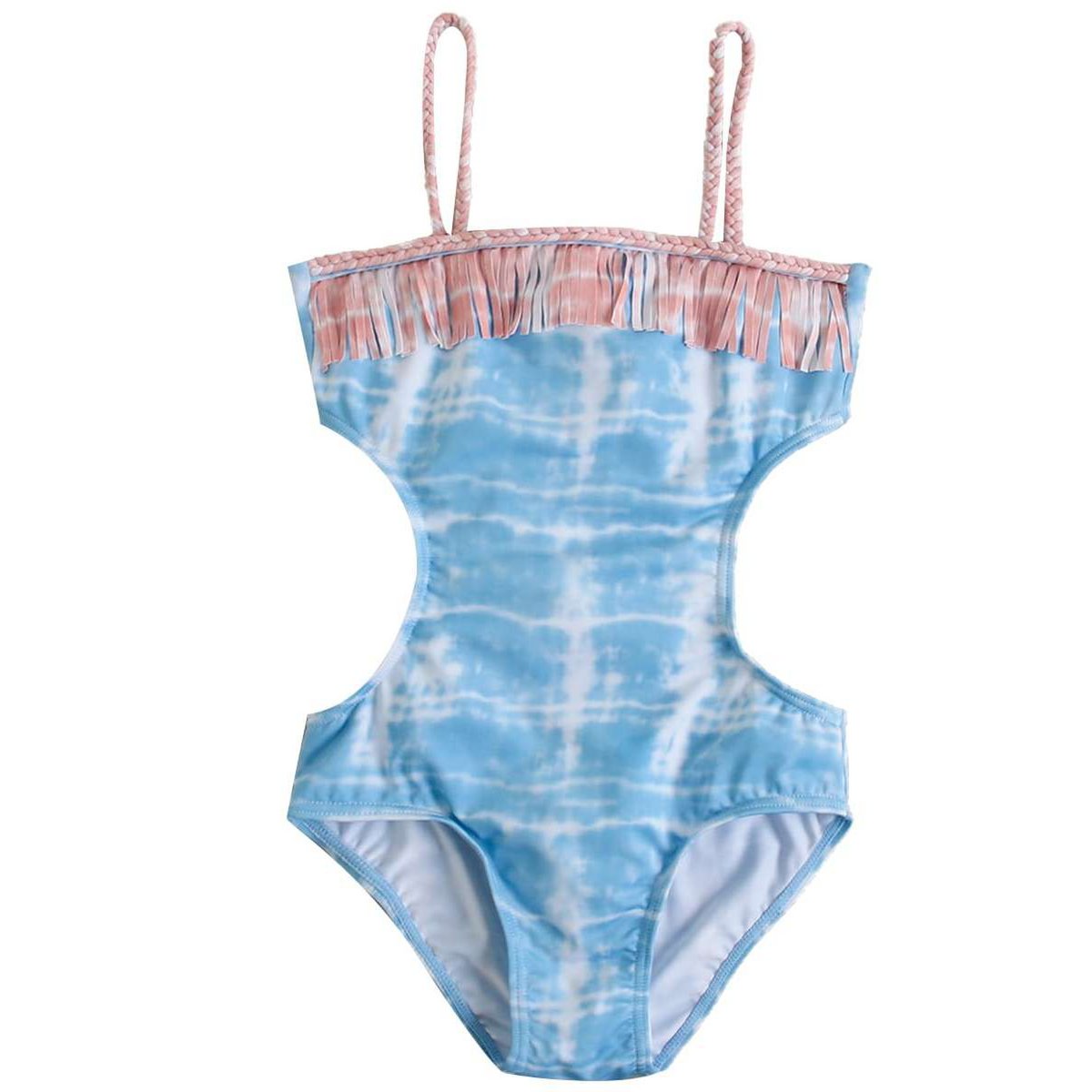 Girl's swimming costume with braided straps and fringes up colour with polka dots F10-23202035