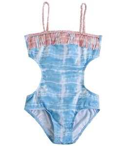 Badeanzug für Mädchen mit geflochtenen Trägern und Fransen in der Farbe Polka Dots F10-23202035