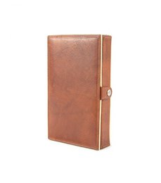 Brown leather card holder case, rectangular shape, vintage style, playing card storage organizer with clasp closure.