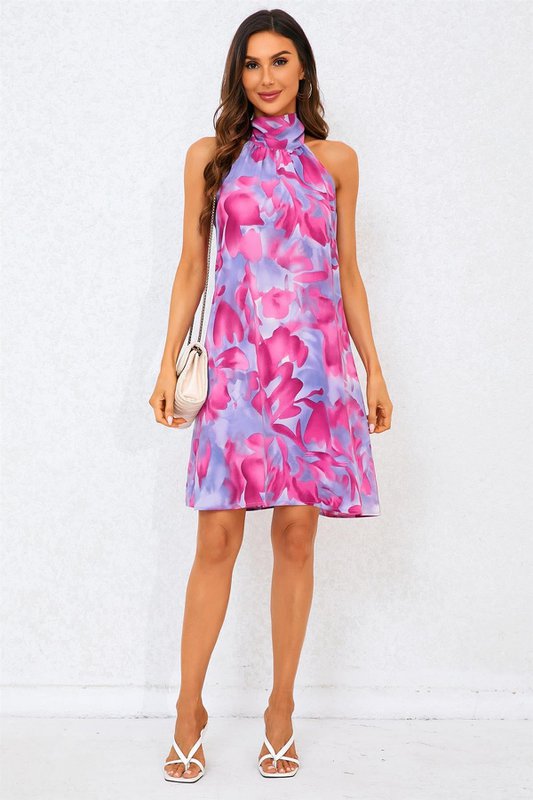 Abstracto estampado floral halter cuello corbata mini vestido en rosa