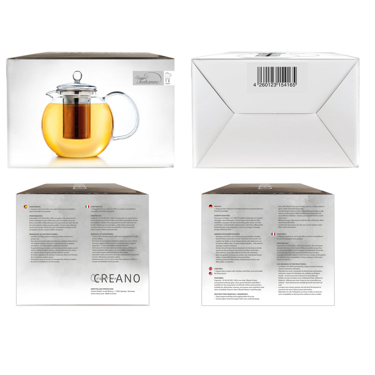 Creano Glasteekanne 1,3l mit Edelstahl-Sieb
