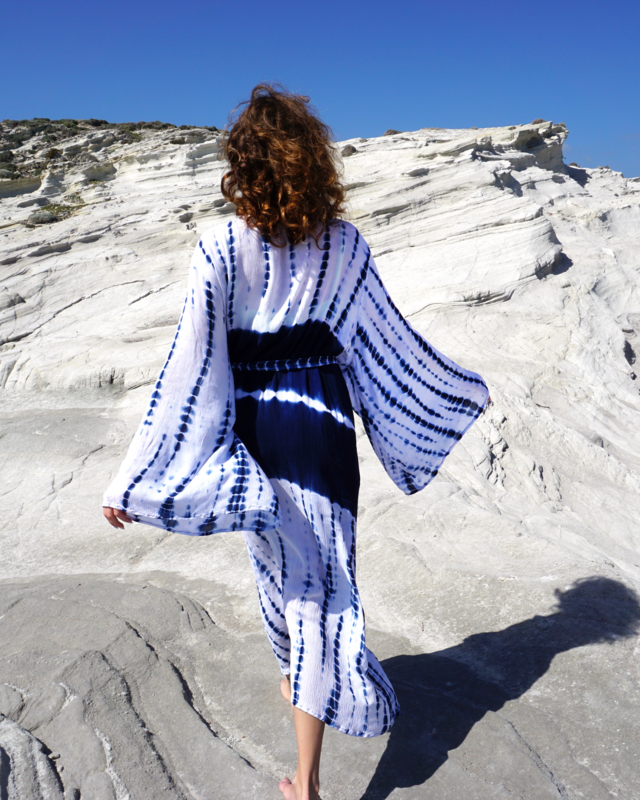 SAMSARA Boho Viscose Strandkimono – Lichtgewicht Zomer Spa & Zwembad Cover Up – Blauw/Wit