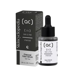 Skincyclopedia | Mild Peeling Gezichtsserum met 5% Amandelzuur en Polyhydroxyzuren + Actieve houtskool 30ml | helpt tegen puistjes, verstopte poriën en dofheid