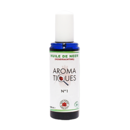 Neem oil supplement in a blue bottle with a white label. The product is labeled "Aroma-Tiques-N°1 Huile de Neem** 100ml" and is categorized as a supplement.