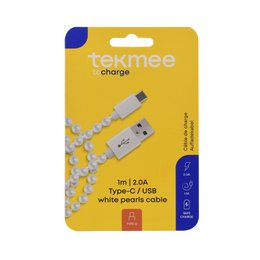 Cable de carga Tekmee USB-C versus Type-C, 2.0A; blanco, 1m; cable perlado