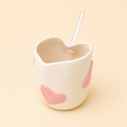 Heart-shaped ceramic cup, handmade, white with pink hearts, matcha and iced coffee mug, modern style