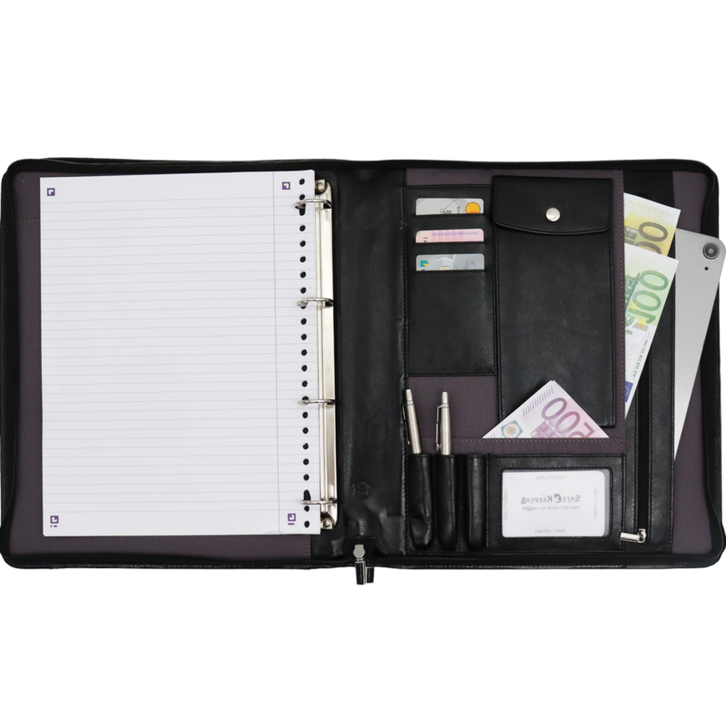 Safekeepers læder skriveetui venstrehåndet - Konferencemappe - Arbejdsbog Tabletcover & Laptop-sleeve - Aftageligt ringbind A4 sort