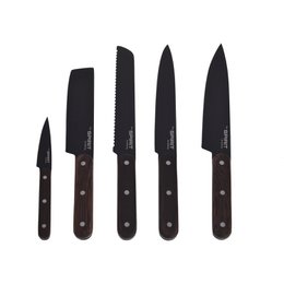 SOSL Bloc de 5 couteaux de cuisines, Set Acier Inoxydable, Titane, avec Bloc en Bois d'Acacia, Couteaux de Chef, Pain,Viande, Poisson, Lame Noire