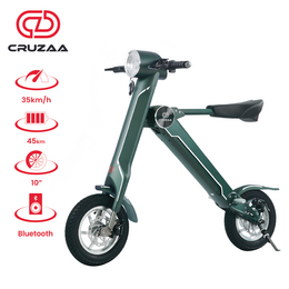 A compact, foldable electric scooter with a top speed of 45km/h, a range of 25km, and Bluetooth connectivity. Features a sleek, green magno design.