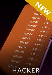 A black and orange device with the text "HACKER" and a list of "TEN OF" options, indicating a gaming or hacking-related product.