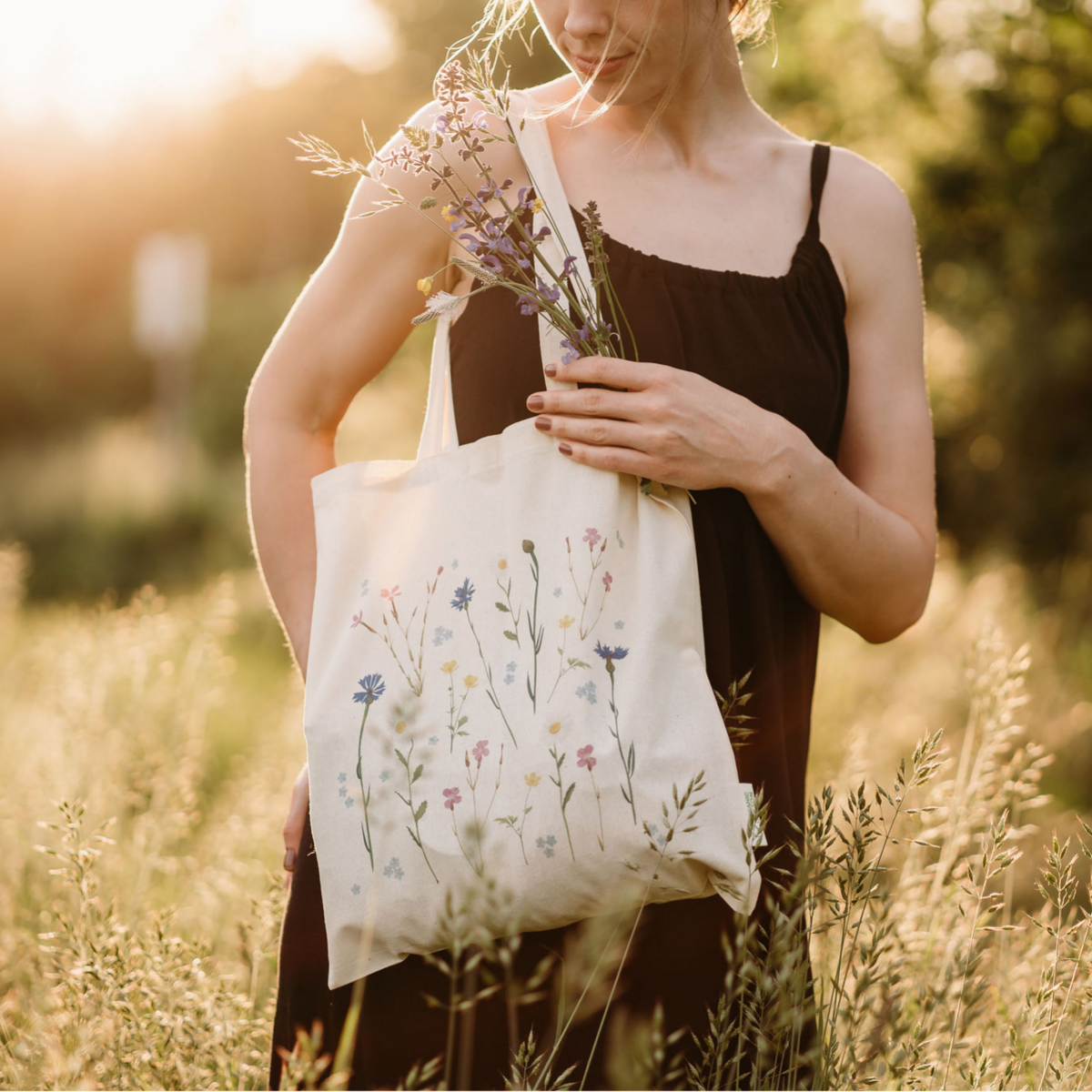 Fleurs de sac de jute, sac en coton avec imprimé à fleurs sauvages, sac à provisions durable
