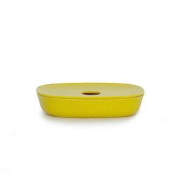 Oval-shaped yellow soap dish with a raised center for holding a bar of soap.