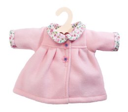 A small, pink doll coat with a floral collar, suitable for dolls measuring 28-35 cm in size.