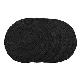 Circular black woven placemat with a textured, natural appearance. Suitable for use on a dining table or as a decorative accent piece.