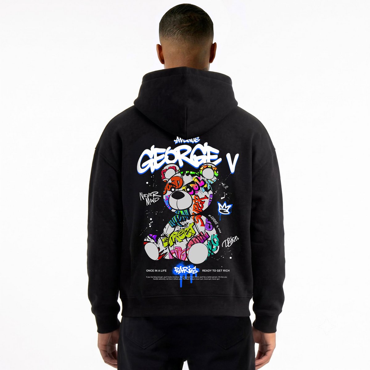 Kapuzenpullover mit Teddybär-Print Schwarz