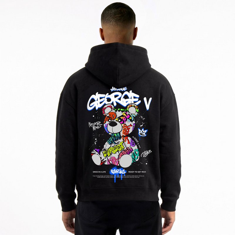 Kapuzenpullover mit Teddybär-Print Schwarz