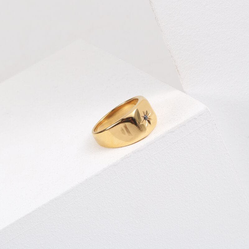 Doneen - Anello con sigillo a stella in cristallo nero