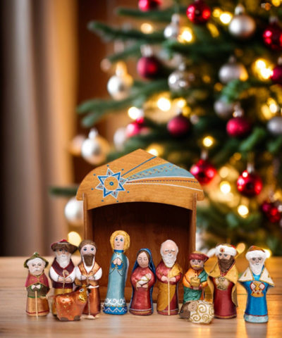 Handmade papier-mache Nativity play (set of 15 items) in a wooden box