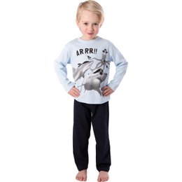 Boys pajama set featuring a shark and pirate design in gray and black colors. Includes long-sleeved top and pants.