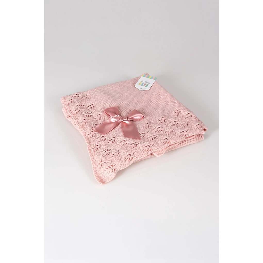 Couverture en tricot pointelle pour bébé avec nœud, rose