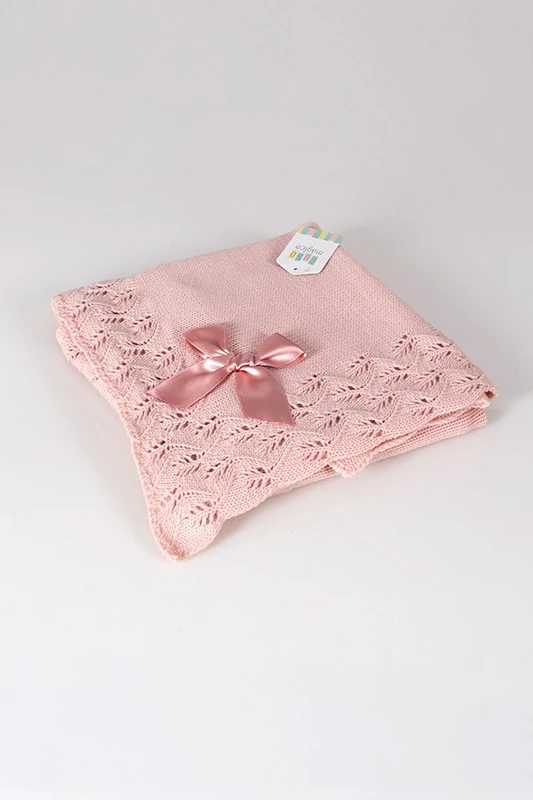 Couverture en tricot pointelle pour bébé avec nœud, rose
