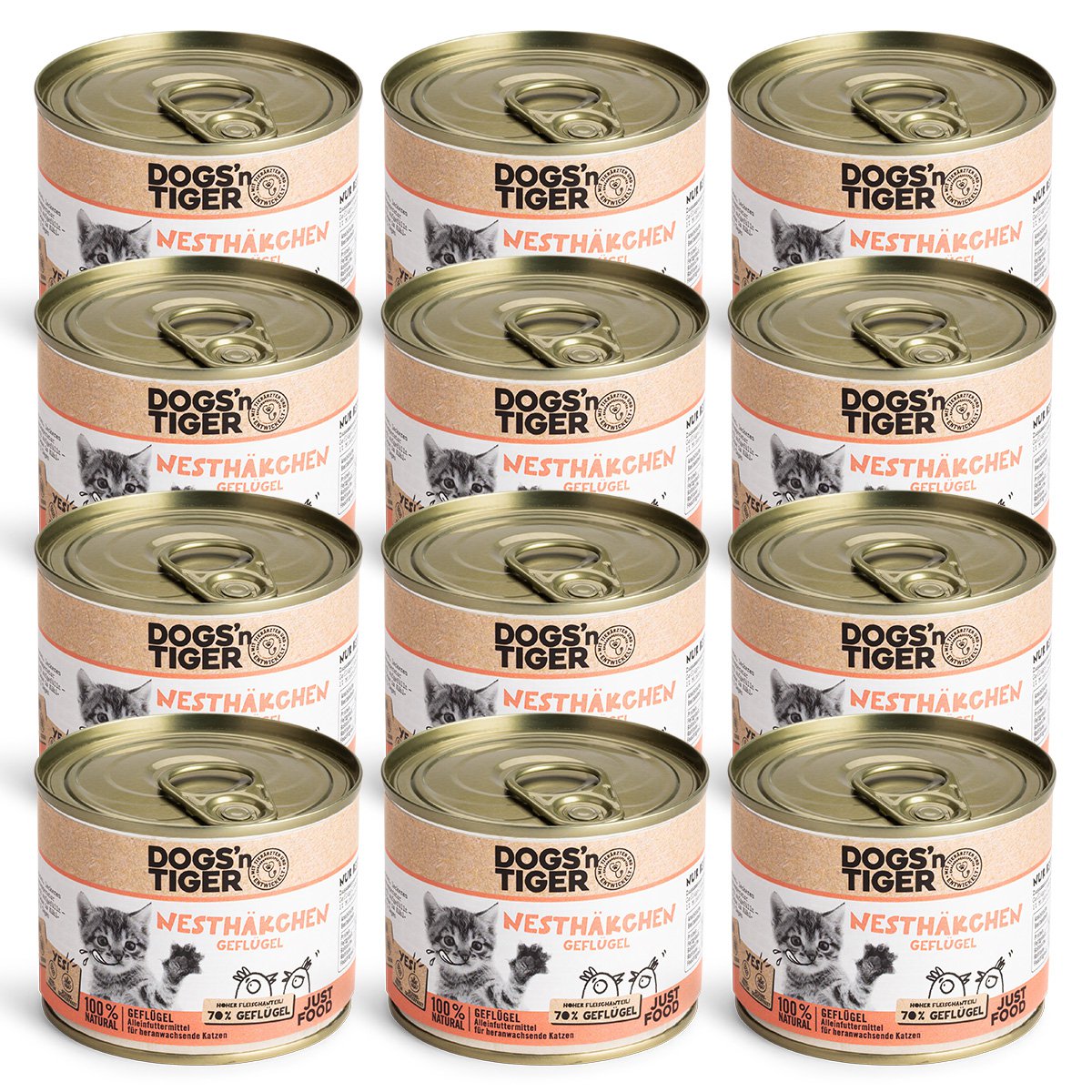 Dogs'n Tiger Junior, Kitten Premium nourriture pour chat, nourriture humide, sans céréales, oisillons, volaille, algues, citron vert et pissenlit