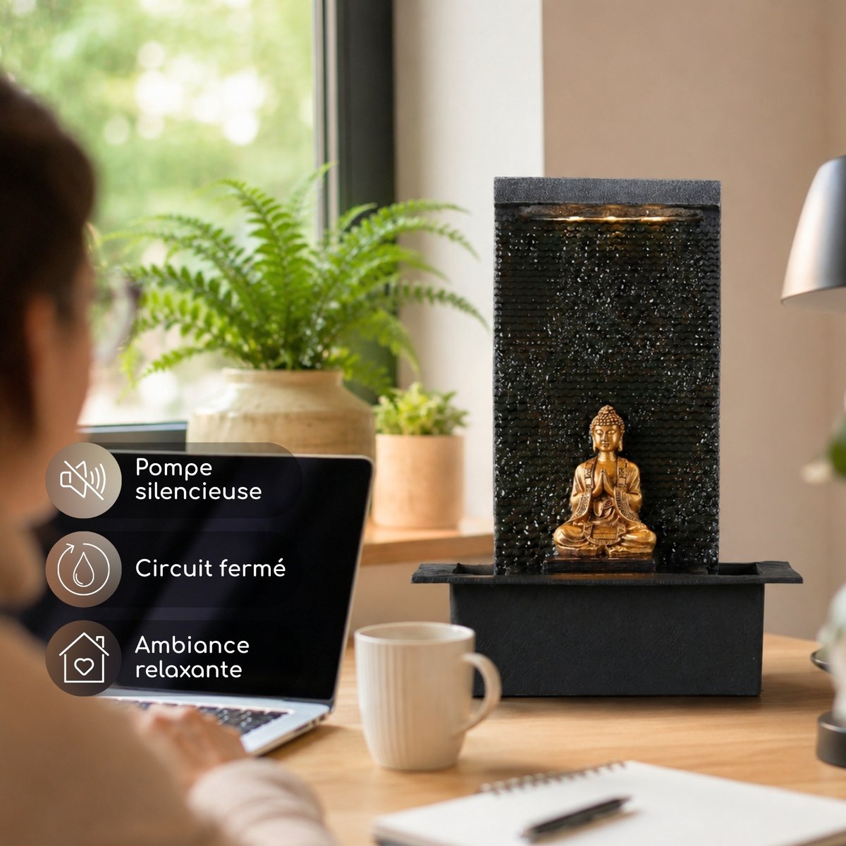 Zimmerbrunnen – Zenitude – Buddha-Statue LED-Beleuchtung – Zen- und Entspannungsatmosphäre – Deko-Idee