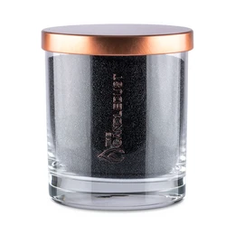 Black floating candle in glass container with copper-colored lid. Cylindrical shape, dark color, and flickering flame.