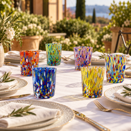 Klasyczne szklanki typu Tumbler z dmuchanego i ręcznie robionego szkła z Murano Murano, linia „I Colori di Murano” 350 ml. Wyprodukowano we Włoszech