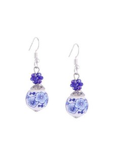 Earrings Flowers - Blue Bead - Ceramics